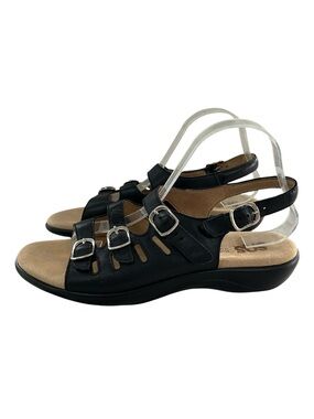 SAS Mystic Black Leather Slingback Buckle Strap Sandals 10 Slim/Narrow